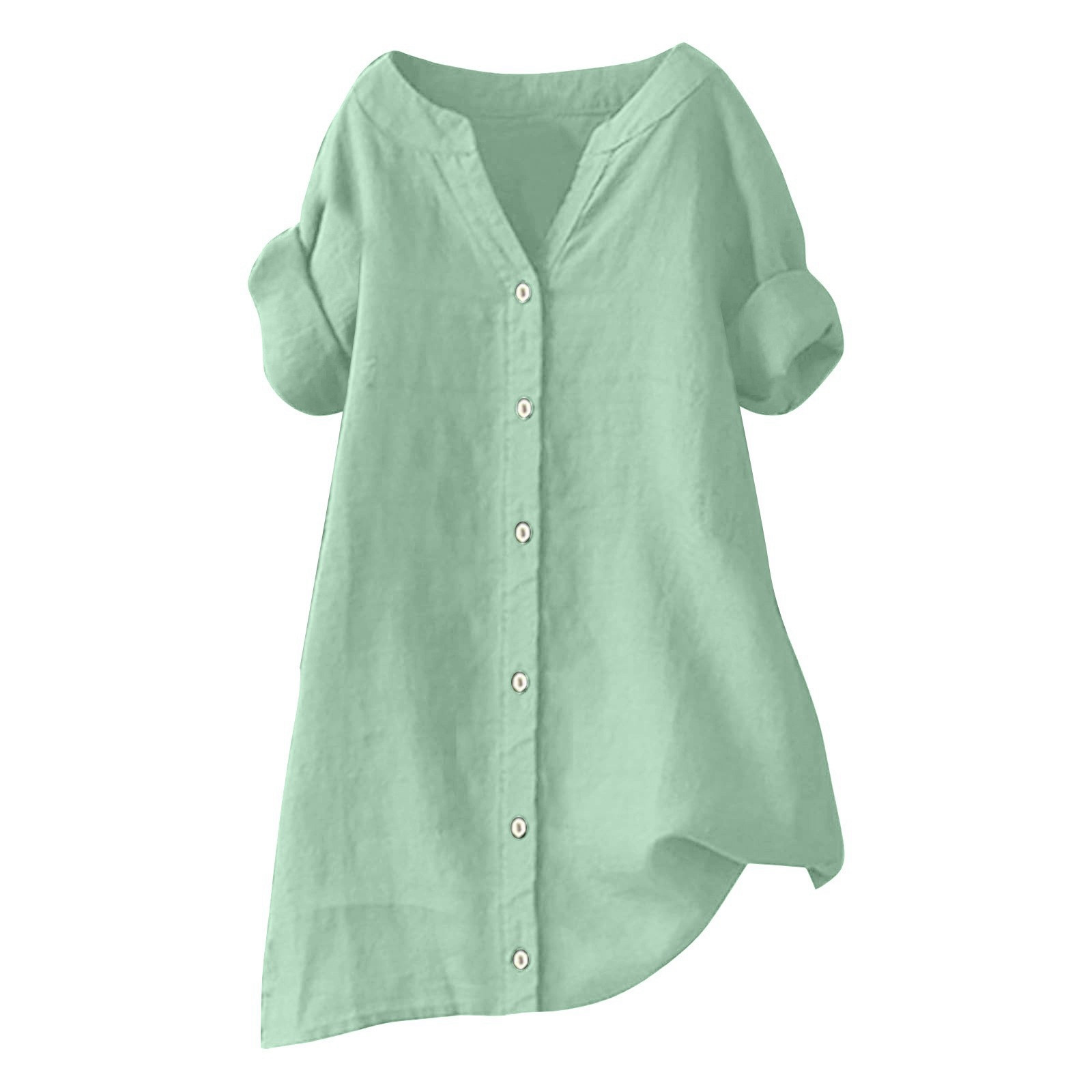 thumbnail image 4 of Camisa de lino para mujer: talla grande, manga corta, cuello en V, color liso, 4 of 4